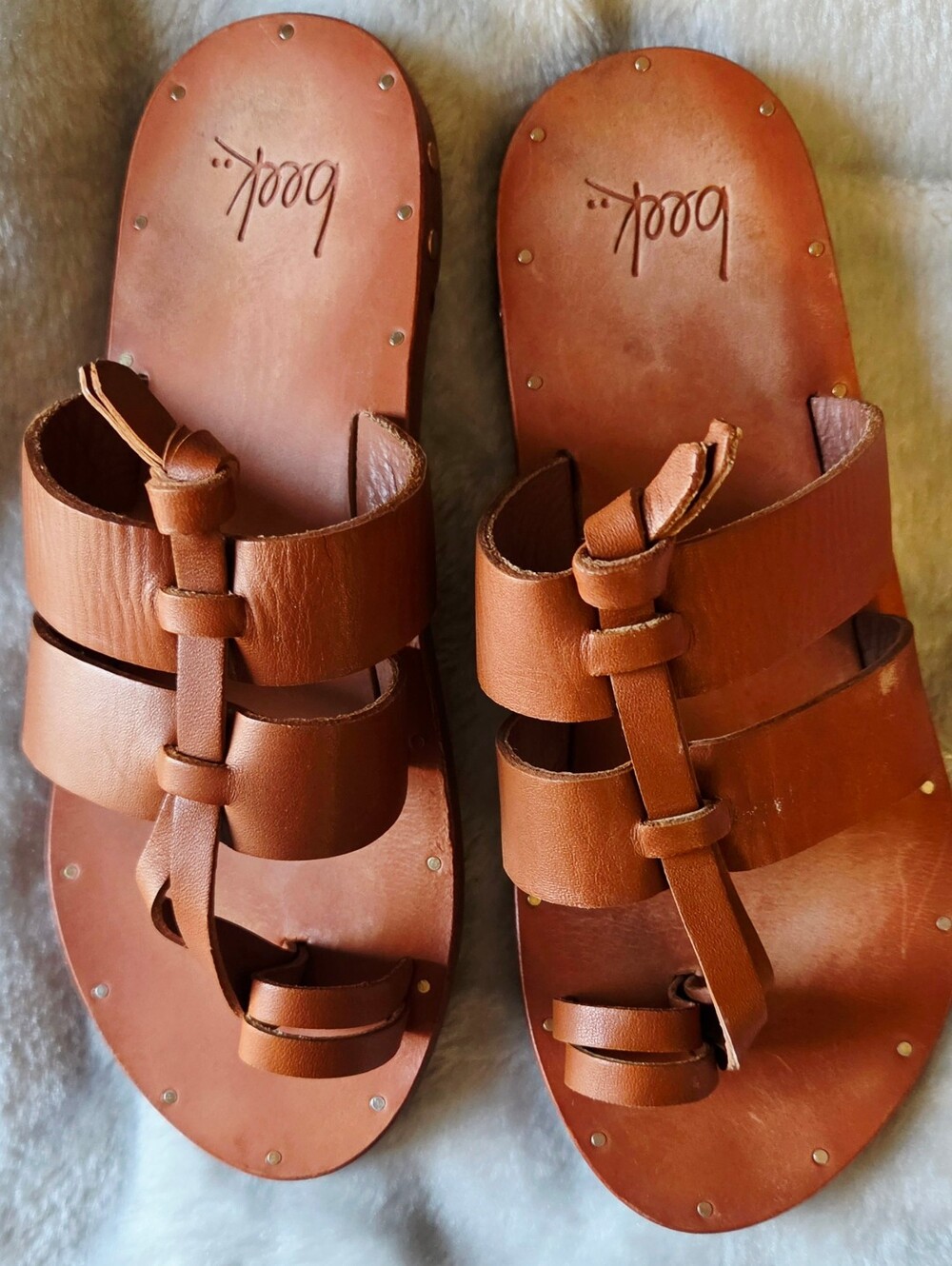 beek Brown Leather Strappy Slide Sandals
